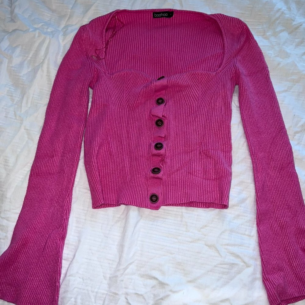 SWEETHEART NECKLINE RIB KNIT CARDIGAN